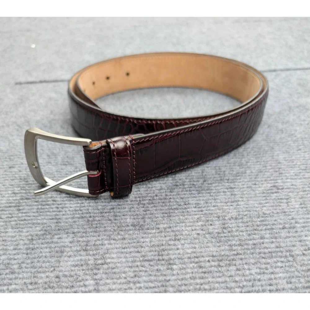 Paul Fredrick Belt Men 42 Croc Embossed Italian Leather Burgundy Hand Made Italy
